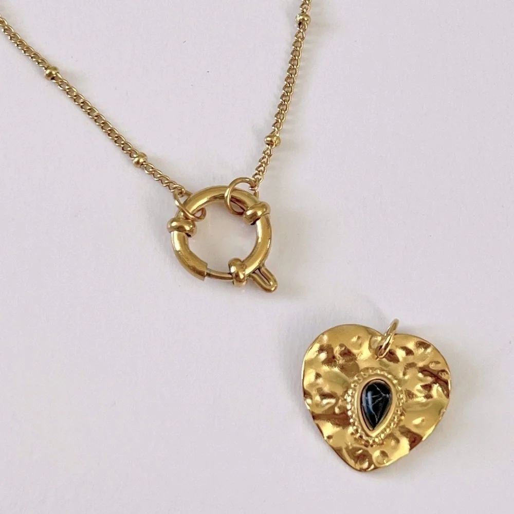 18K Gold Plated black turquoise charm holder Necklace stainless steel jewelry - Picture 2 of 11